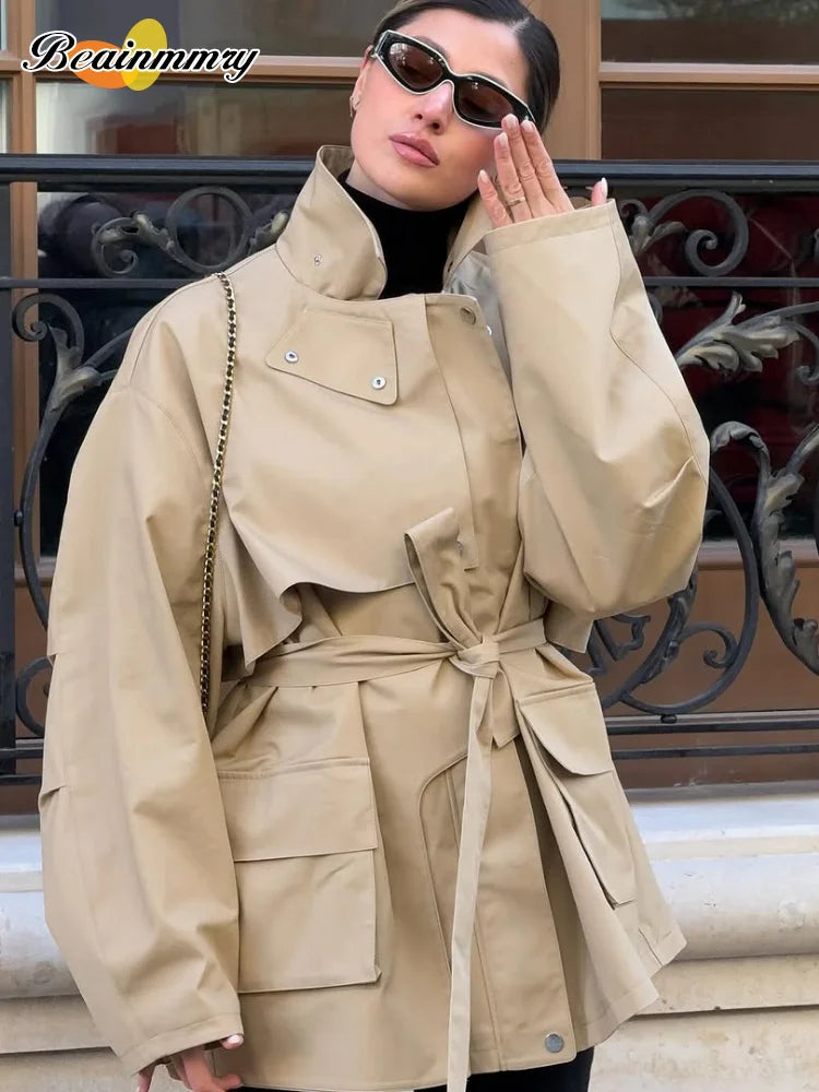 Cropped Lace-up Blue Casual Trench Coat Women Lapel Long Sleeve Wide Shoulder Windbreaker Jacket Fall Commute Daily Streetwear