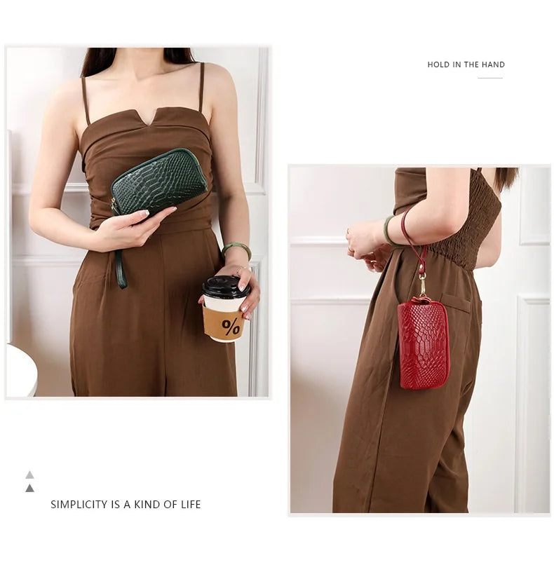 Genuine Leather Women Wallet Long Zipper Wristlet Bag Fashion Crocodile Lady Clutch Coin Purse Mobile Phone Bag Money Clip