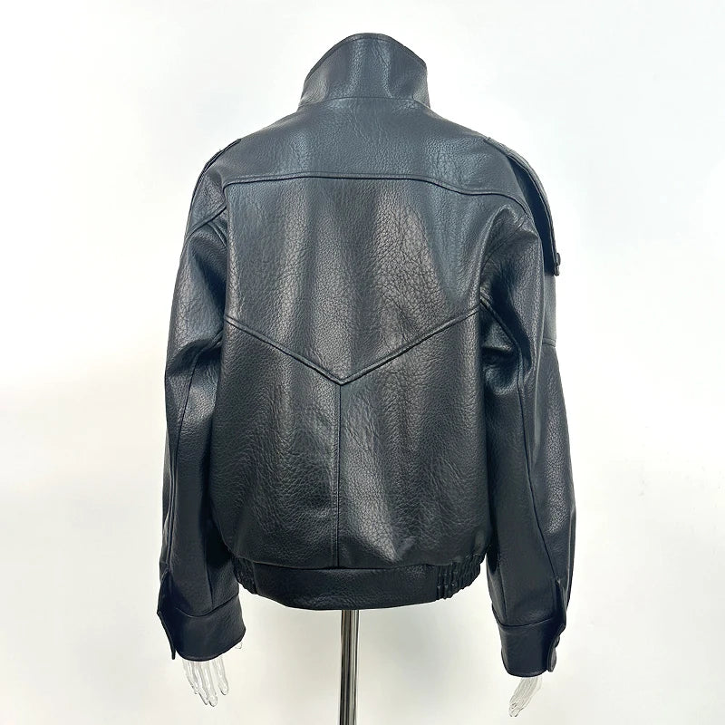 2026 Autumn Winter New High Quality Fashion Black Women Faux Leather Jacket Coat Casual Loose Pockets Biker Outerwear Female