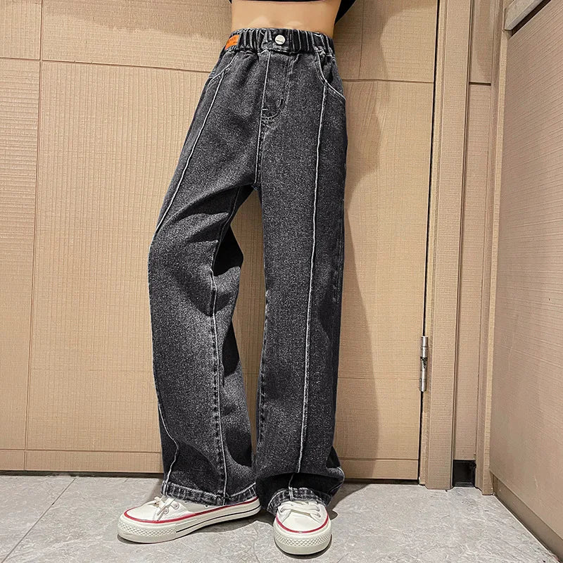 New 2024 Teenage Girls Blue Street Cartoon Print Elastic Mid Waist Loose Denim Jeans Spring Fashion Children Cute Wide Leg Pants