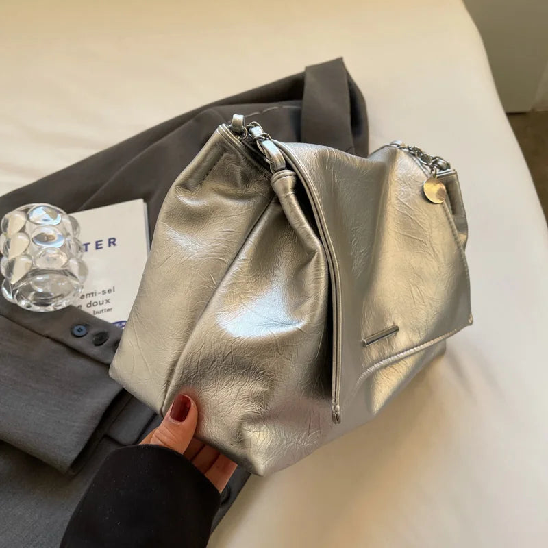 Ladies Handbag Women Fashion Bags Brand Designer Silver Shoulder Bag Large Capacity Female Bag Soft Leather Underarm Bag Totes