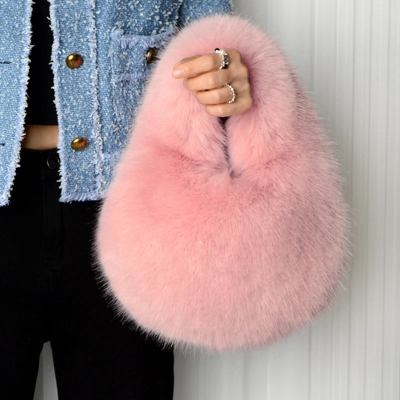 Women's Winter Casual Furry Shoulder Bag Soft Plush Solid Color Clutch Purse Lightweight Female Hobos Handbag