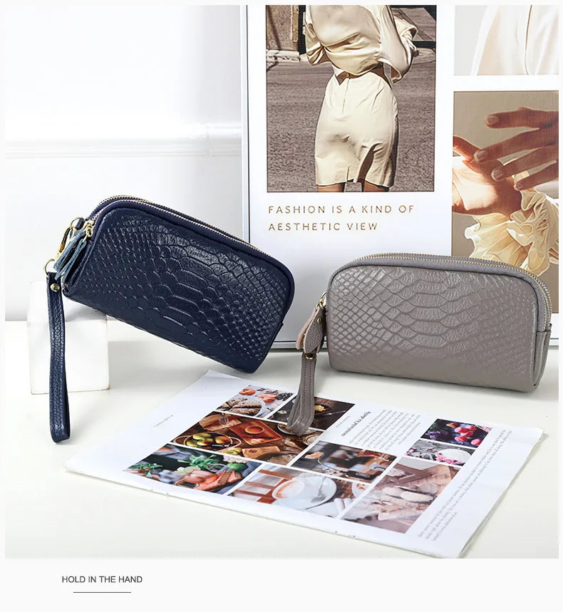 Genuine Leather Women Wallet Long Zipper Wristlet Bag Fashion Crocodile Lady Clutch Coin Purse Mobile Phone Bag Money Clip