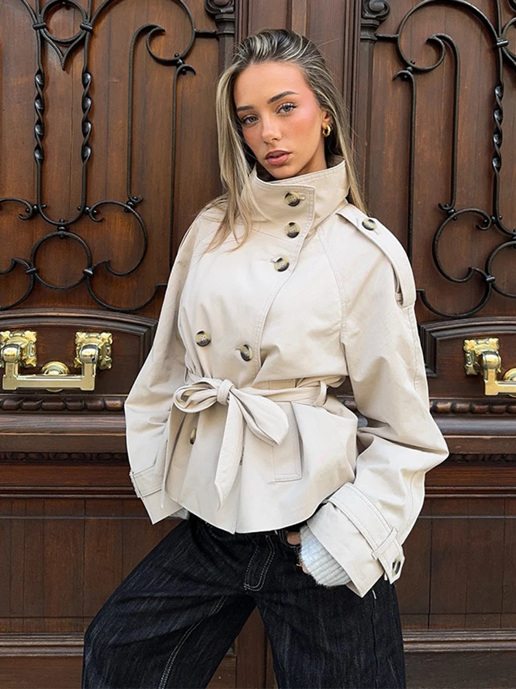 Trench Coat Women's Coats Stand Collar Top Double Breasted Buttons Jacket Self-Tie Belt Spring Daily Outerwear Woman Clothes
