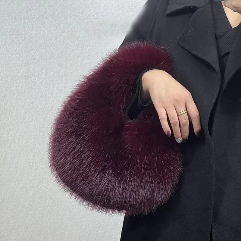 Women's Winter Casual Furry Shoulder Bag Soft Plush Solid Color Clutch Purse Lightweight Female Hobos Handbag