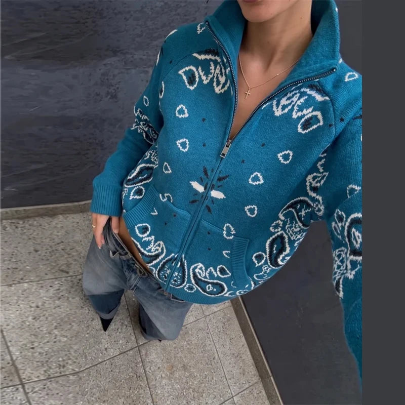Paisley Print Knit Sweater Jacket Women Stand Collar Raglan Sleeve Zip Up Front Pocket Cardigan 2026 Autumn Retro Loose Jackets