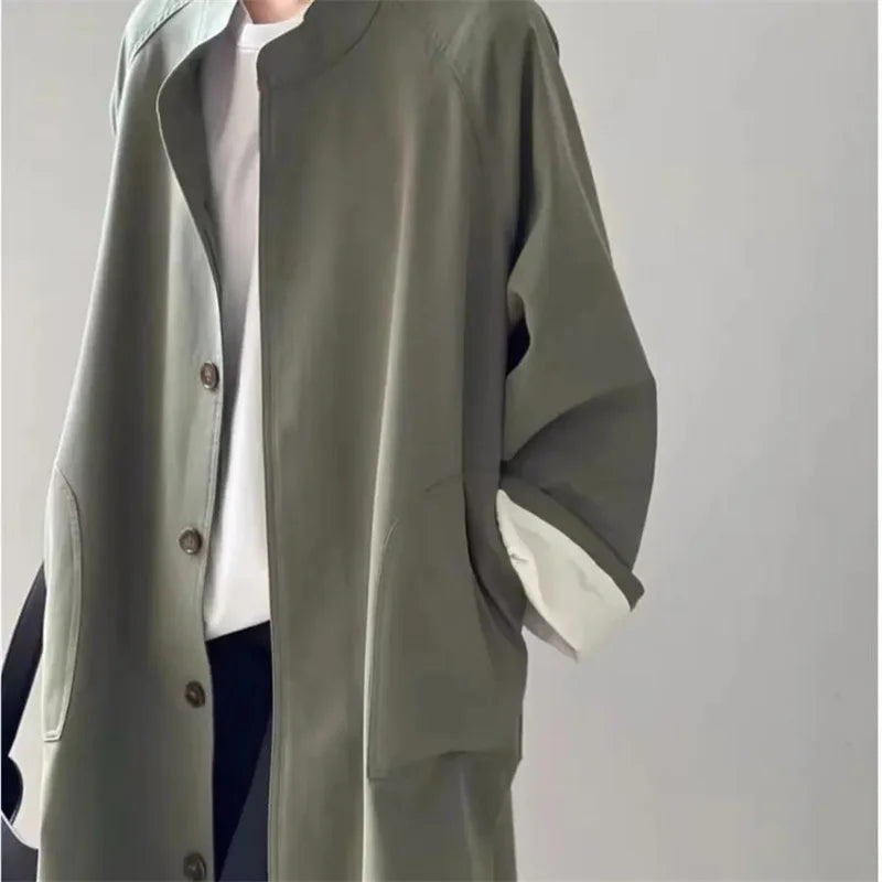 Spring and Autumn Standing Collar Mid Length Trench Coat Women's Loose Casual Slimming Coat Flip Collar single Breasted Jackets