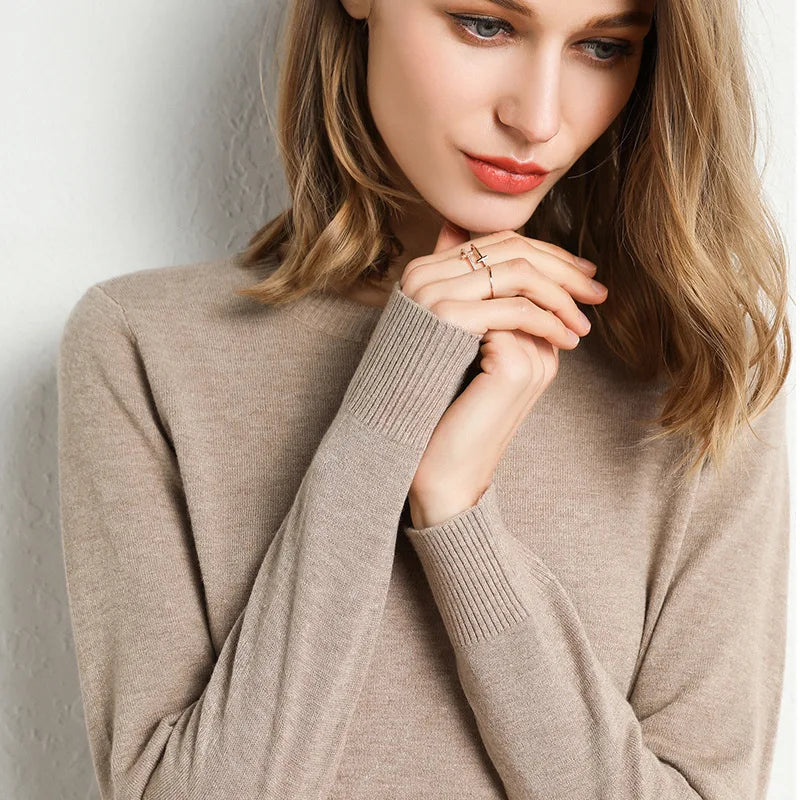 Women Slim ONeck Solid Pullover Cashmere Wool Blending Sweater Autumn And Winter Long-Sleeved Knit Bottoming Shirt Large Size