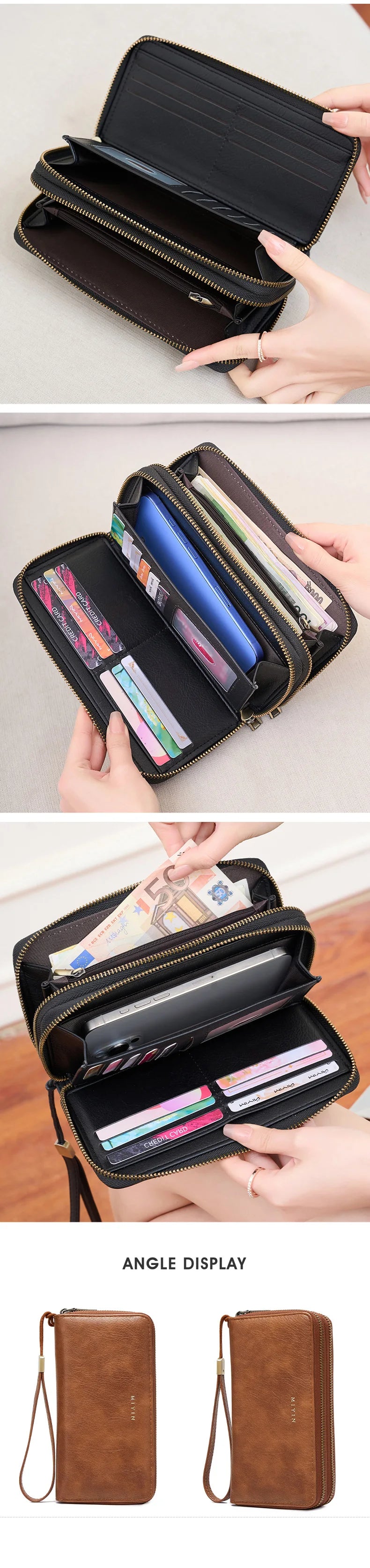 NEW RFID Blocking Vintage Large Capacity Double-Zipper Wallet Stylish Handbag Women'S with Multiple Card Slots and Phone Holder