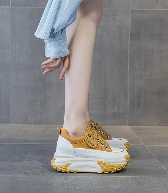 Fujin 3 inch 7cm Genuine Leather Platform Wedge Fashion Women fall winter Chunky Sneakers Heel Shoes Breathable Comfortable