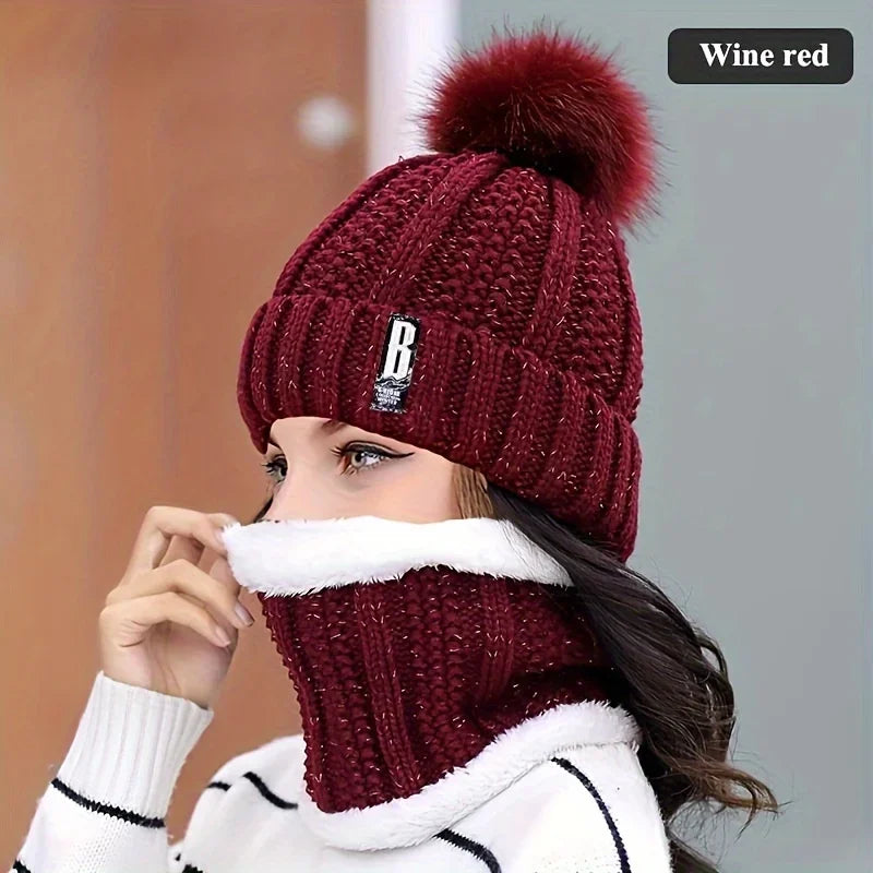 Knitted Hat Set Winter Warm Skull Hat Thick Plush Windproof Anti-Cold Women Casual Snow Hats Beanie
