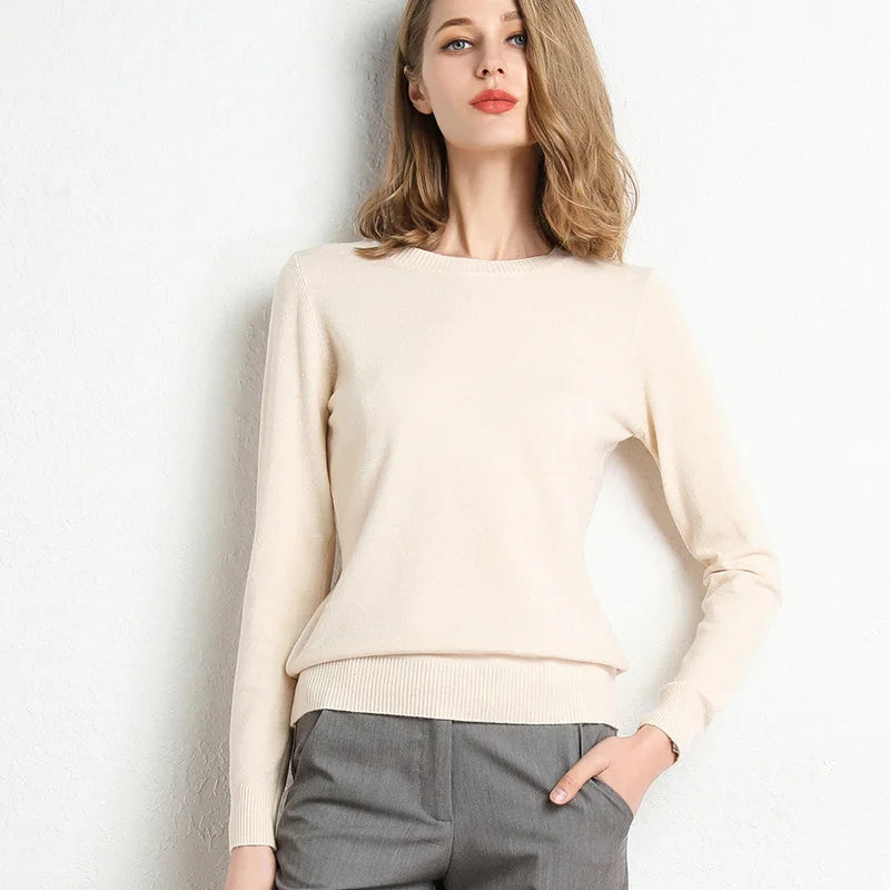 Women Slim ONeck Solid Pullover Cashmere Wool Blending Sweater Autumn And Winter Long-Sleeved Knit Bottoming Shirt Large Size