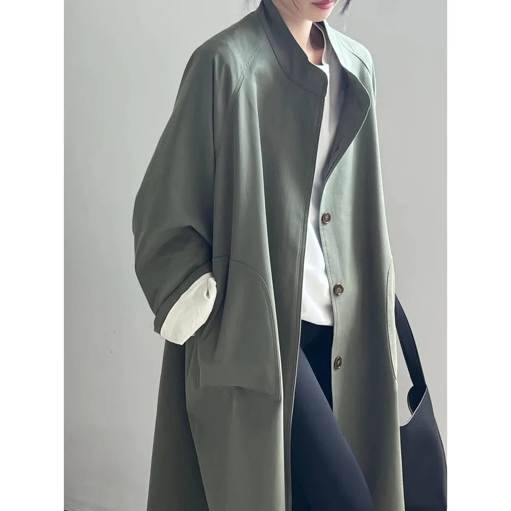 Stand Neck Long Trench Coat Women Spring Casual Turn-down Collar Single-breasted Trench Coat