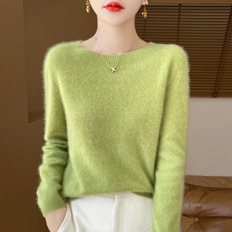 100% Merino solid color sweater ladies autumn and winter new solid color O-neck long sleeve warm fashion loose knit sweater
