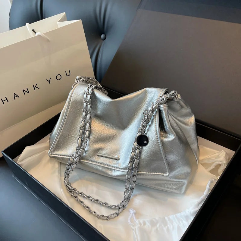Ladies Handbag Women Fashion Bags Brand Designer Silver Shoulder Bag Large Capacity Female Bag Soft Leather Underarm Bag Totes