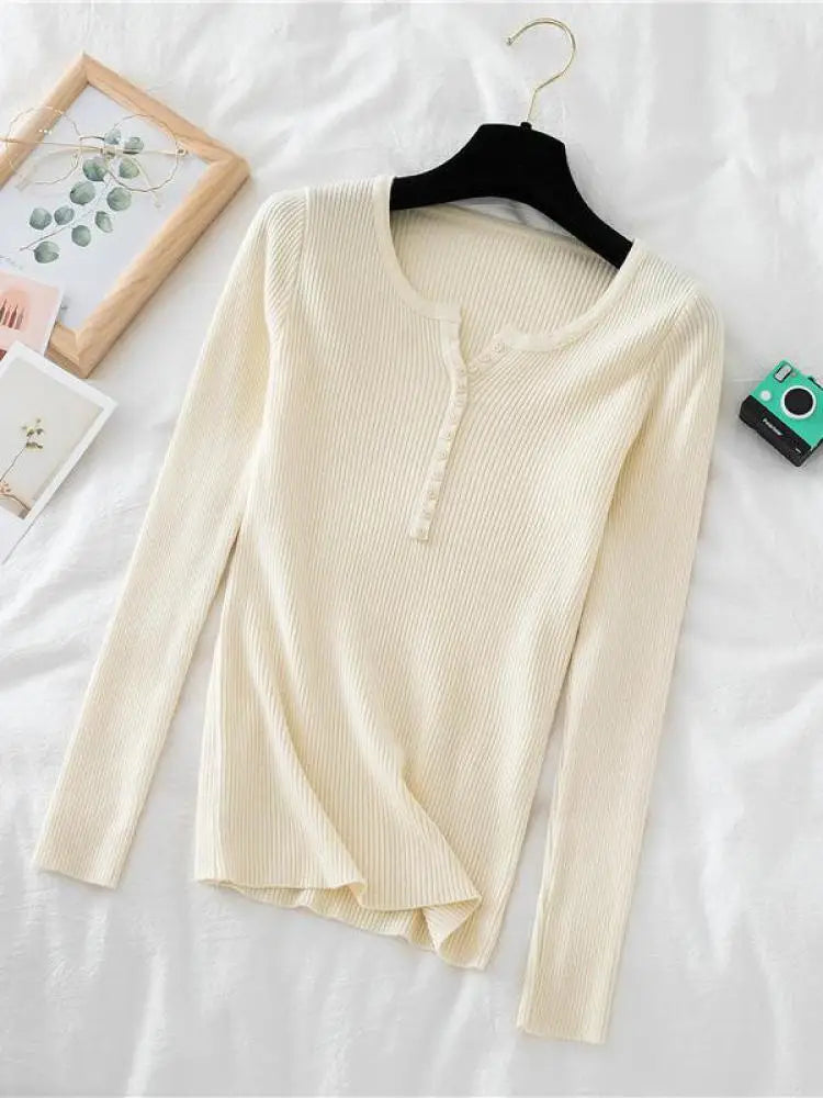 2026 Autumn Winter Button V Neck Sweater Women Basic Slim Pullover Women Sweaters And Pullovers Knit Jumper Soft Warm Tops