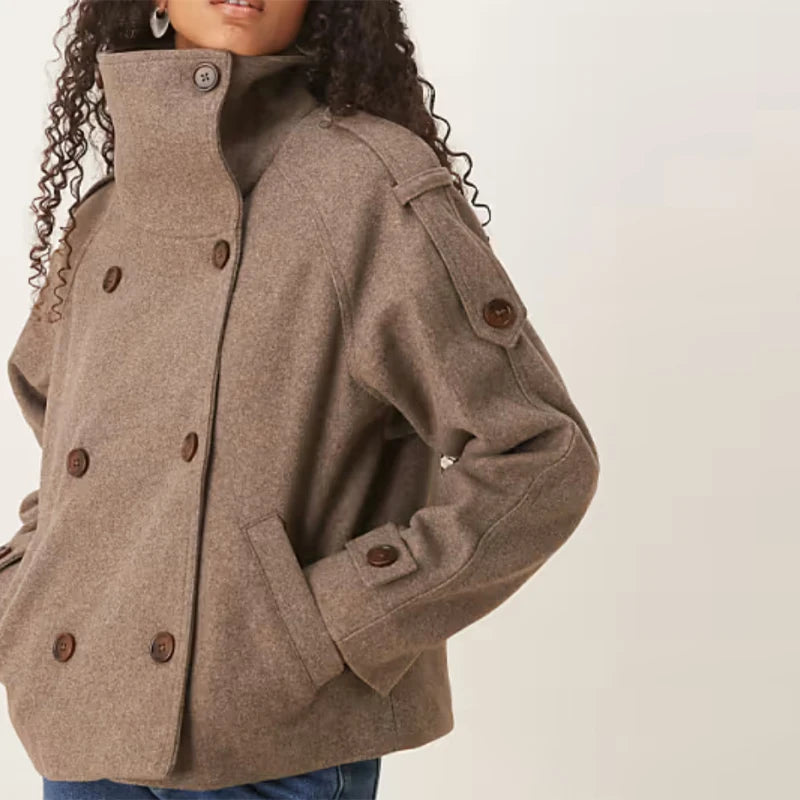 Elegant Women's Short Woolen Coats Stand Collar Double Breasted Long Sleeve Female Jacket 2026 Autumn Winter Lady Warm Outwear