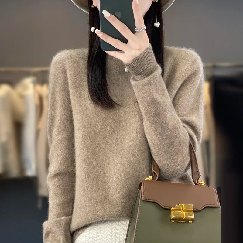 100% Merino solid color sweater ladies autumn and winter new solid color O-neck long sleeve warm fashion loose knit sweater