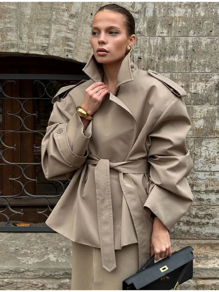 Cropped Lace-up Blue Casual Trench Coat Women Lapel Long Sleeve Wide Shoulder Windbreaker Jacket Fall Commute Daily Streetwear