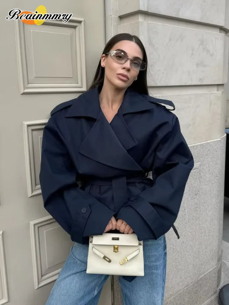 Cropped Lace-up Blue Casual Trench Coat Women Lapel Long Sleeve Wide Shoulder Windbreaker Jacket Fall Commute Daily Streetwear