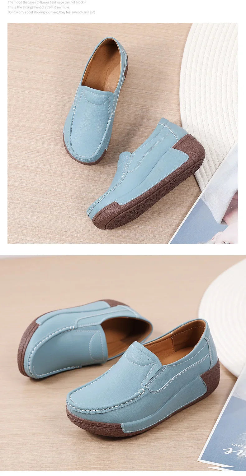 Spring and Summer Women Fashion Loafers Genuine Leather Moccasins Autumn Slip-on Casual Round Toe Wedge Platform Rocking Shoes