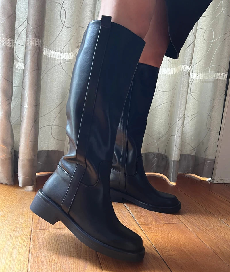 INS Plus Size 34-43 New Fashion Full Genuine Leather Boots Women Slip On Knee High Boots Autumn Winter Straight Knight Botas