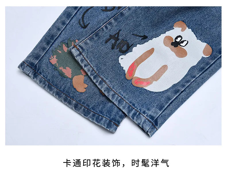 New 2024 Teenage Girls Blue Street Cartoon Print Elastic Mid Waist Loose Denim Jeans Spring Fashion Children Cute Wide Leg Pants