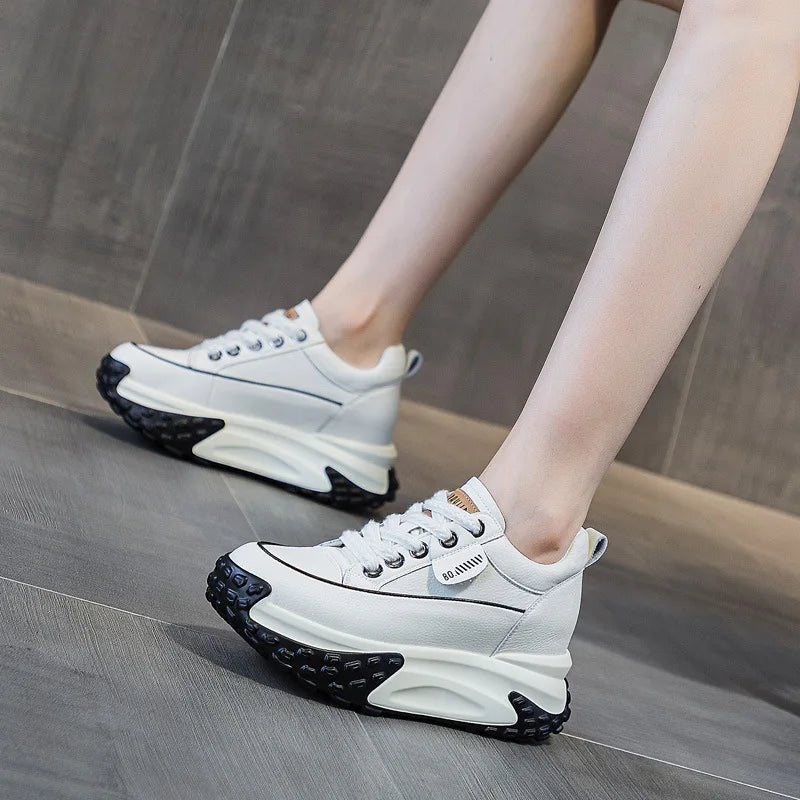 Fujin 3 inch 7cm Genuine Leather Platform Wedge Fashion Women fall winter Chunky Sneakers Heel Shoes Breathable Comfortable