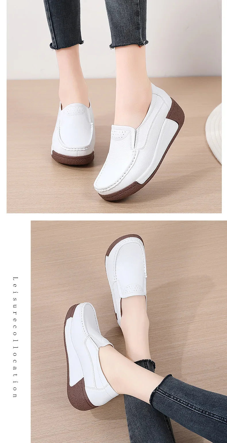 Spring and Summer Women Fashion Loafers Genuine Leather Moccasins Autumn Slip-on Casual Round Toe Wedge Platform Rocking Shoes