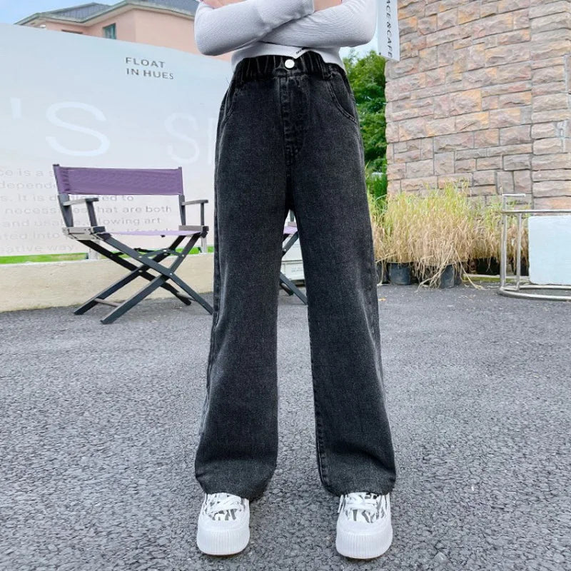 New 2024 Teenage Girls Blue Street Cartoon Print Elastic Mid Waist Loose Denim Jeans Spring Fashion Children Cute Wide Leg Pants