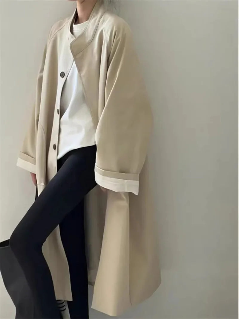Spring and Autumn Standing Collar Mid Length Trench Coat Women's Loose Casual Slimming Coat Flip Collar single Breasted Jackets