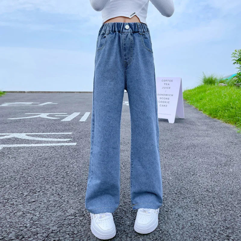 New 2024 Teenage Girls Blue Street Cartoon Print Elastic Mid Waist Loose Denim Jeans Spring Fashion Children Cute Wide Leg Pants