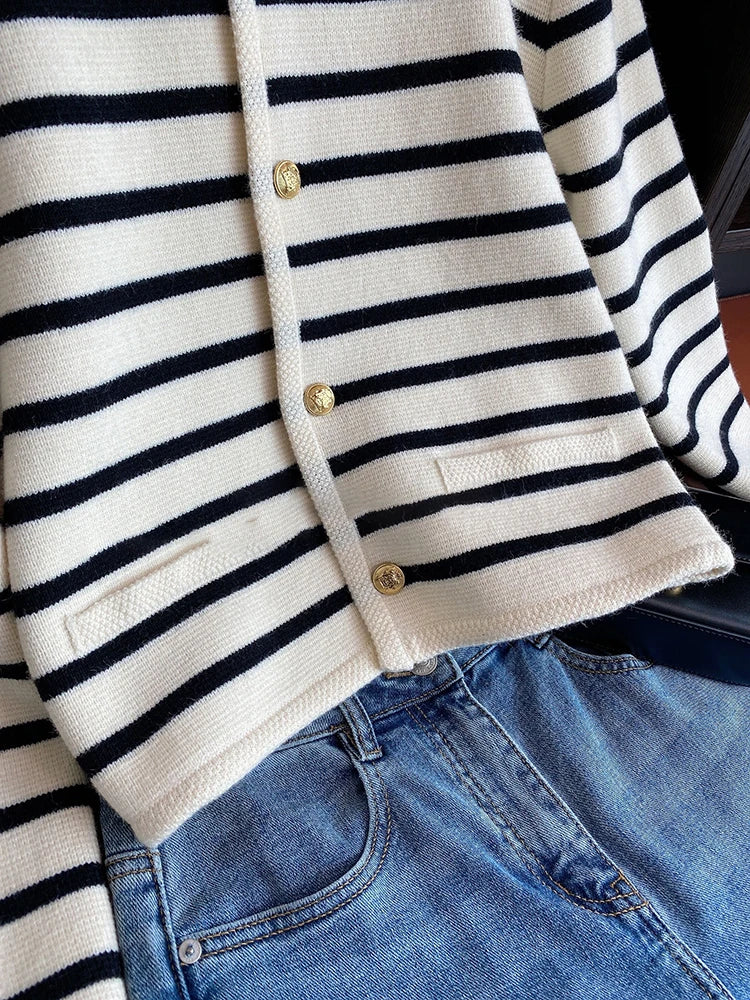 Elegant Striped Knitted Cardigans Coat Fashion Long Sleeve Women O-Neck Single Breasted Korean Sweaters Autumn Tops New Cardigan