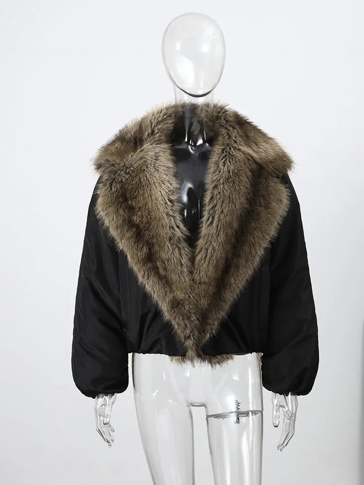 Fashion Faux Fur Collar Bomber Jacket For Women 2026 Autumn Winter Long Sleeve Coats Elegant Lady Chic High Street Outerwear