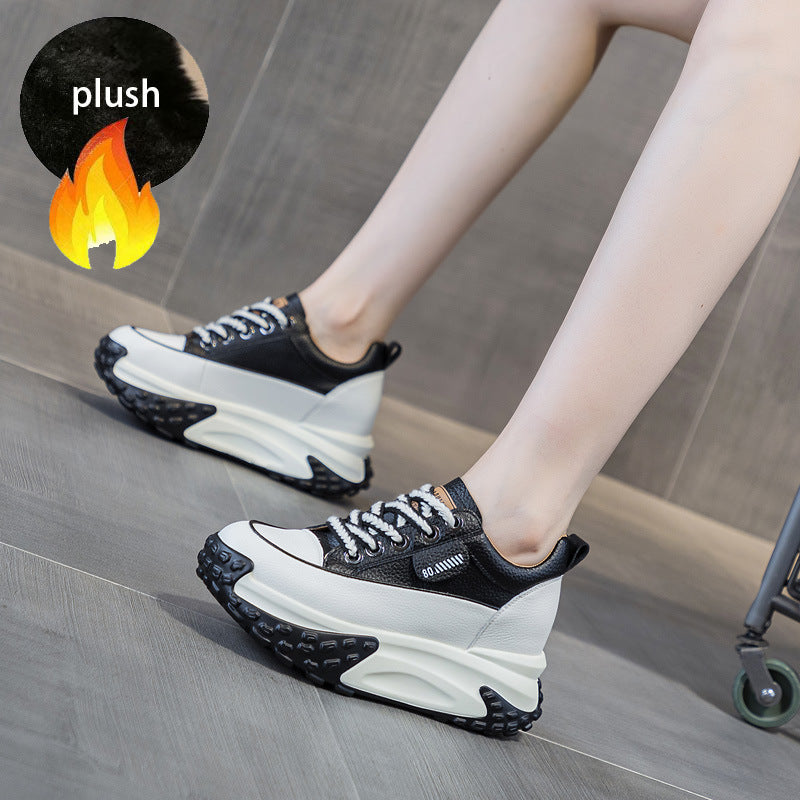 Fujin 3 inch 7cm Genuine Leather Platform Wedge Fashion Women fall winter Chunky Sneakers Heel Shoes Breathable Comfortable