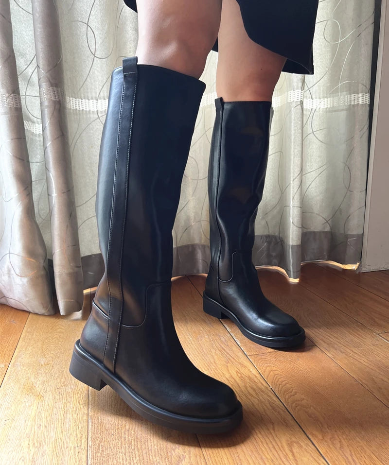 INS Plus Size 34-43 New Fashion Full Genuine Leather Boots Women Slip On Knee High Boots Autumn Winter Straight Knight Botas