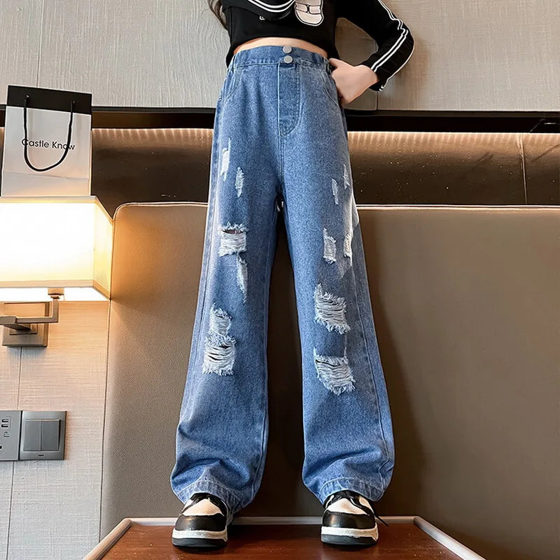 New 2024 Teenage Girls Blue Street Cartoon Print Elastic Mid Waist Loose Denim Jeans Spring Fashion Children Cute Wide Leg Pants