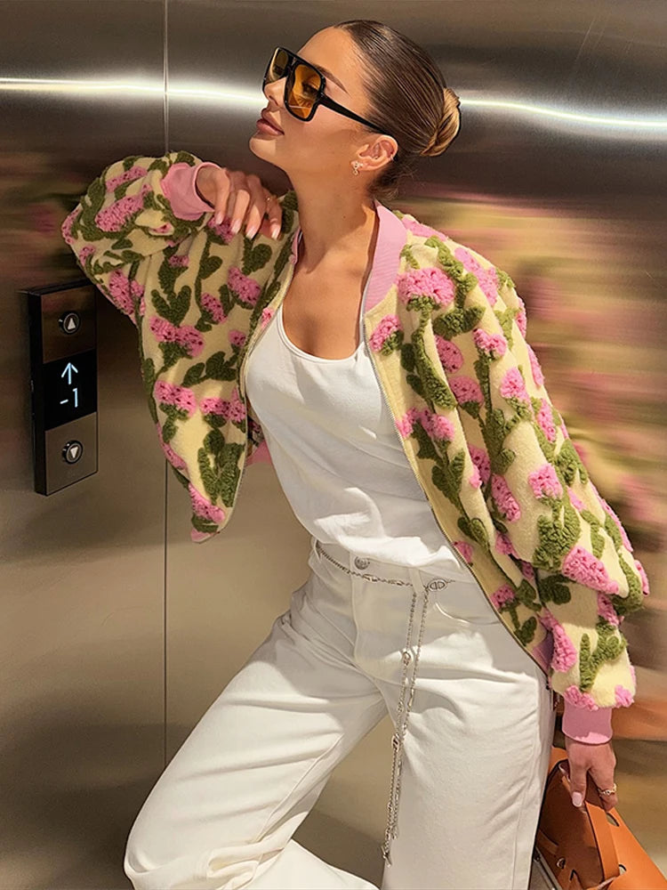3D Floral Bomber Jacket Coat Women Fashion Lapel Neck Long Sleeve Zipper Loose Outerwear Female Spring Chic Casual Jackets Wear