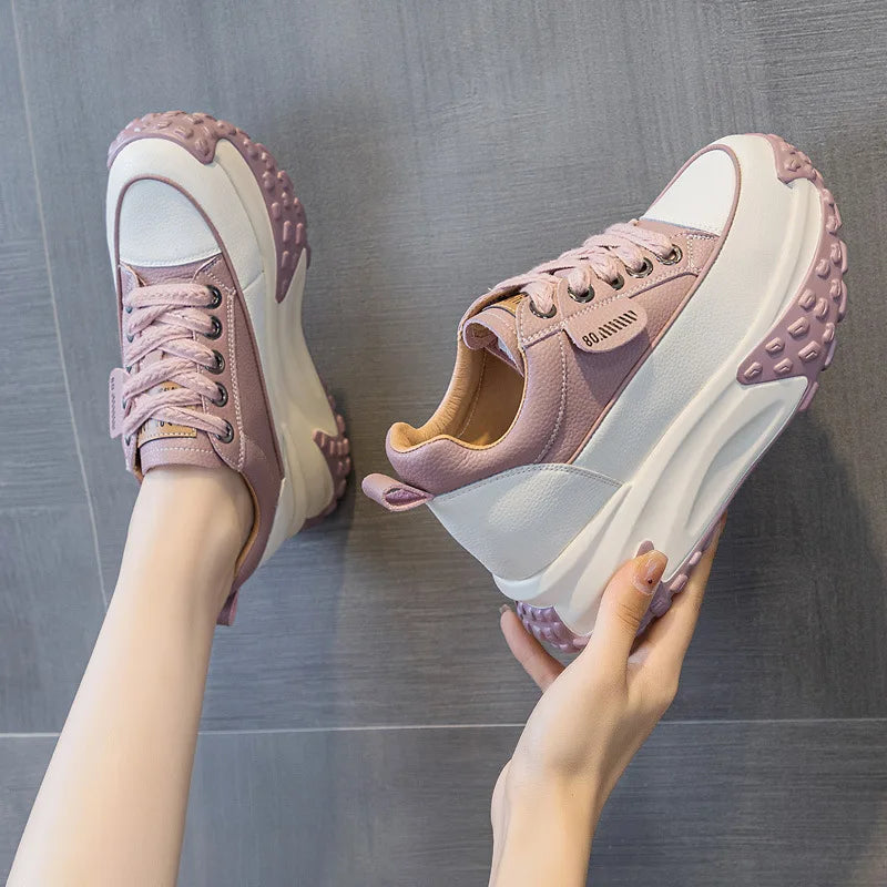 Fujin 3 inch 7cm Genuine Leather Platform Wedge Fashion Women fall winter Chunky Sneakers Heel Shoes Breathable Comfortable