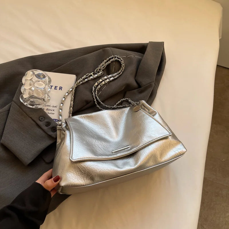 Ladies Handbag Women Fashion Bags Brand Designer Silver Shoulder Bag Large Capacity Female Bag Soft Leather Underarm Bag Totes