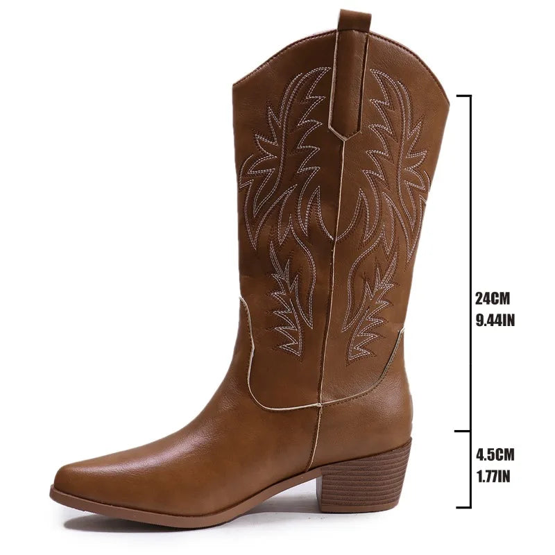 Western Women Boots 2024 Autumn Winter Fashion Chunky Heeled Cowboy Boots Vintage Style Country Western Cowgirl High Heels Boots