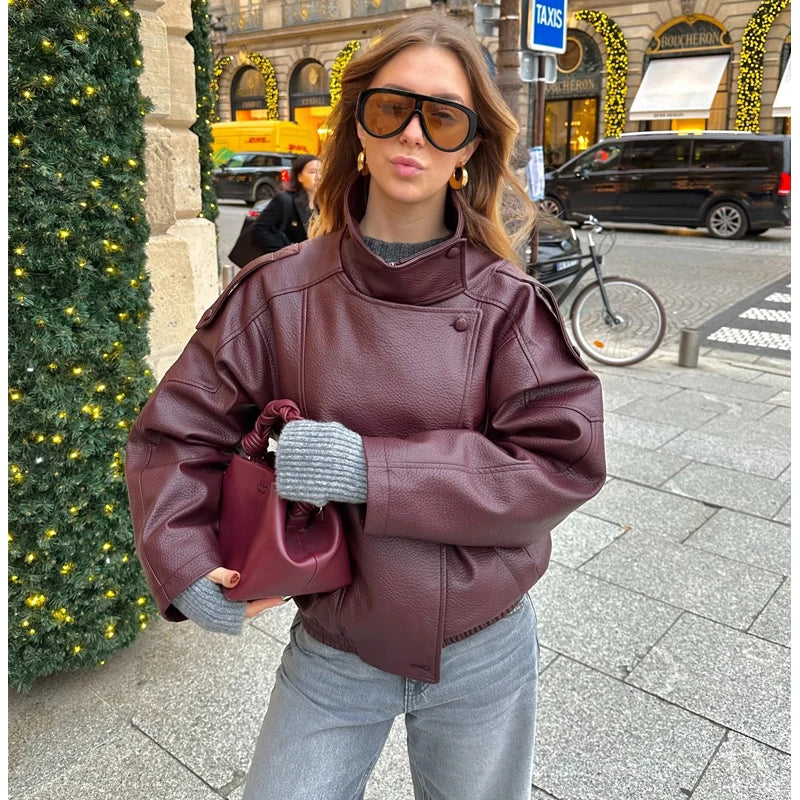 Oversized Faux Leather Bomber Jacket