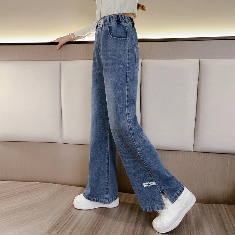 New 2024 Teenage Girls Blue Street Cartoon Print Elastic Mid Waist Loose Denim Jeans Spring Fashion Children Cute Wide Leg Pants