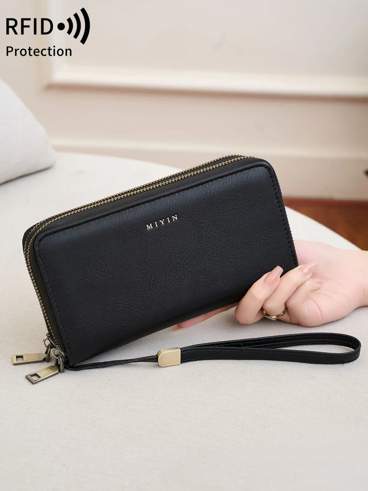 NEW RFID Blocking Vintage Large Capacity Double-Zipper Wallet Stylish Handbag Women'S with Multiple Card Slots and Phone Holder