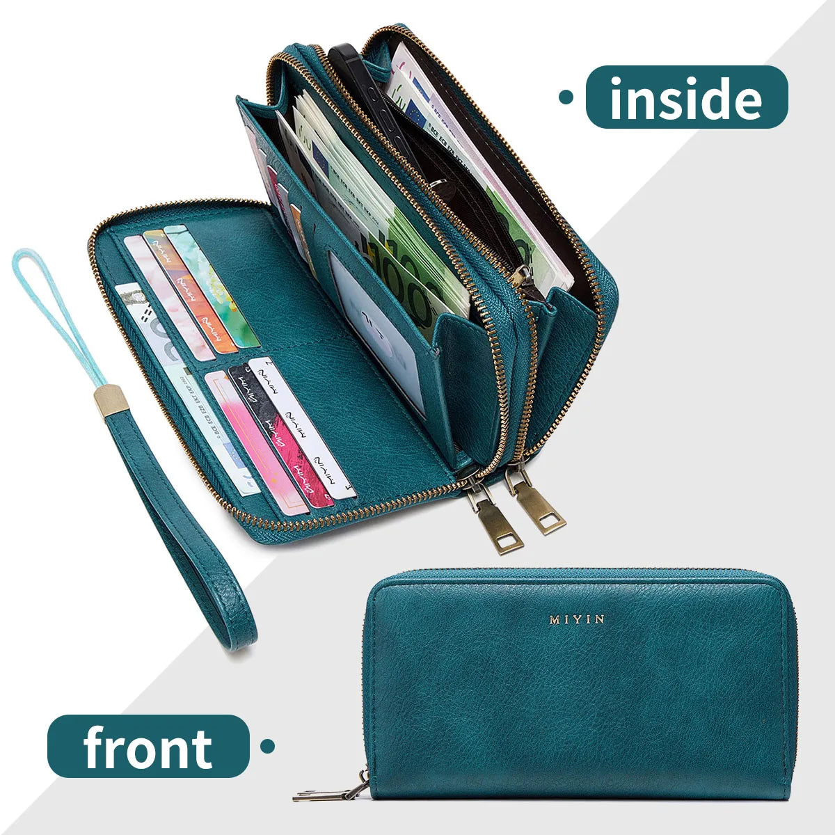 NEW RFID Blocking Vintage Large Capacity Double-Zipper Wallet Stylish Handbag Women'S with Multiple Card Slots and Phone Holder