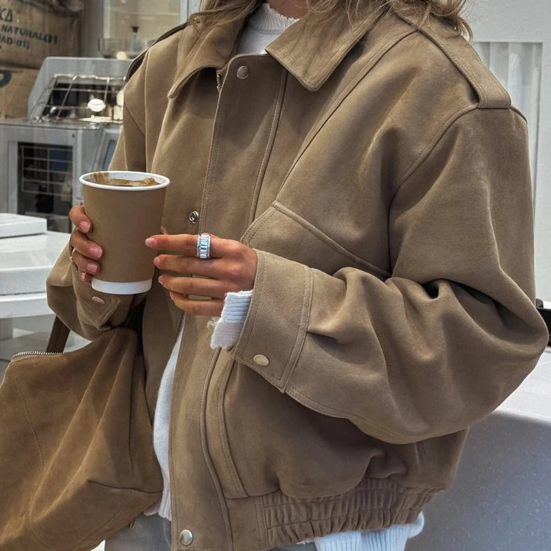 Vintage Women's Brown Suede Jackets Casual Loose Lapel Zipper Pockets Long Sleeve Female Coats 2025 Autumn Lady Commute Outwear
