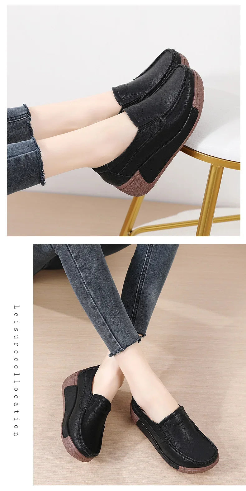 Spring and Summer Women Fashion Loafers Genuine Leather Moccasins Autumn Slip-on Casual Round Toe Wedge Platform Rocking Shoes