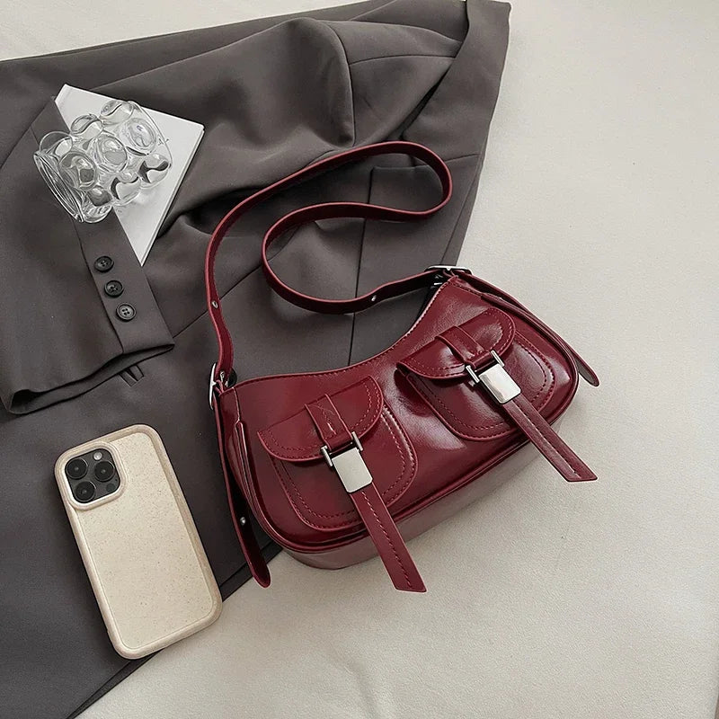 Ladies Shoulder Crossbody Bags PU Leather Women Underarm Bags Solid Color Small Top-handle Bags Purse Female Daily Handbags