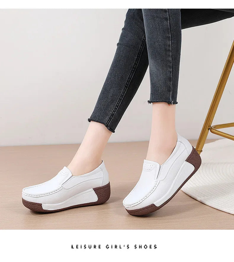 Spring and Summer Women Fashion Loafers Genuine Leather Moccasins Autumn Slip-on Casual Round Toe Wedge Platform Rocking Shoes
