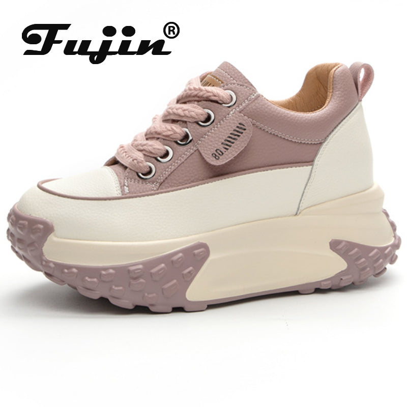 Fujin 3 inch 7cm Genuine Leather Platform Wedge Fashion Women fall winter Chunky Sneakers Heel Shoes Breathable Comfortable